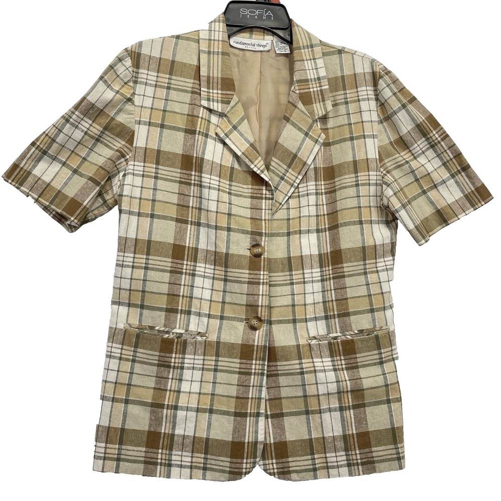 Fundamental Things Blazer Womens 12P Tan Brown Plaid Linen Cotton Short Sleeve